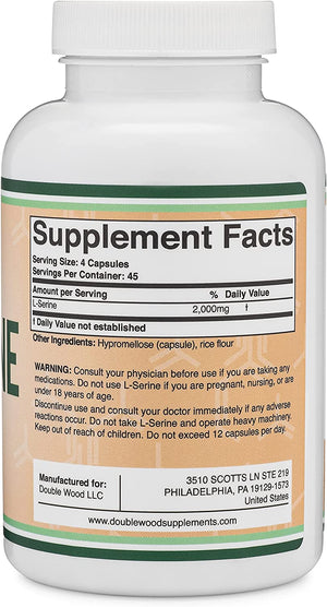 L-Serine Capsules (Third Party Tested) - 2,000Mg Servings Used in Clinical Study, 180 Count, 500Mg per Capsule (L Serine Amino Acid for Serotonin Production and Brain Support) by Double Wood 