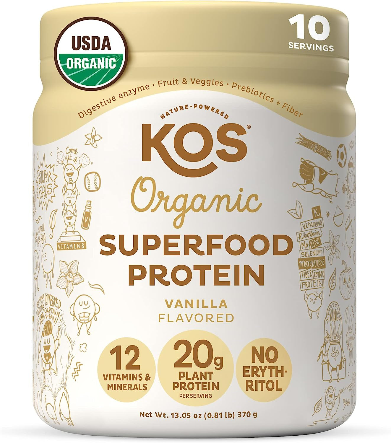 KOS Plant Based Protein Powder, Vanilla USDA Organic - Low Carb Pea Protein Blend, Vegan Superfood Rich in Vitamins & Minerals - Keto, Soy, Dairy Free - Meal Replacement for Women & Men - 10 Servings 