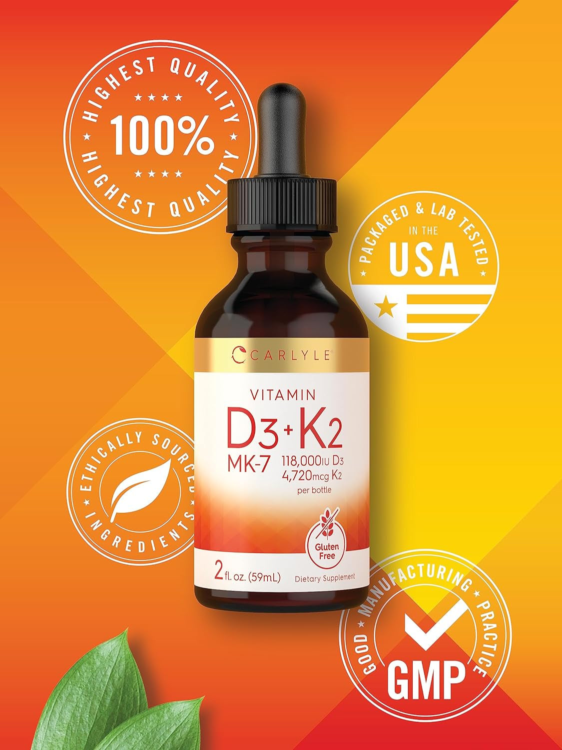 Vitamin D3 K2 Liquid | 2 Fl Oz | MK-7 Supplement | Vegetarian, Non-Gmo, Gluten Free