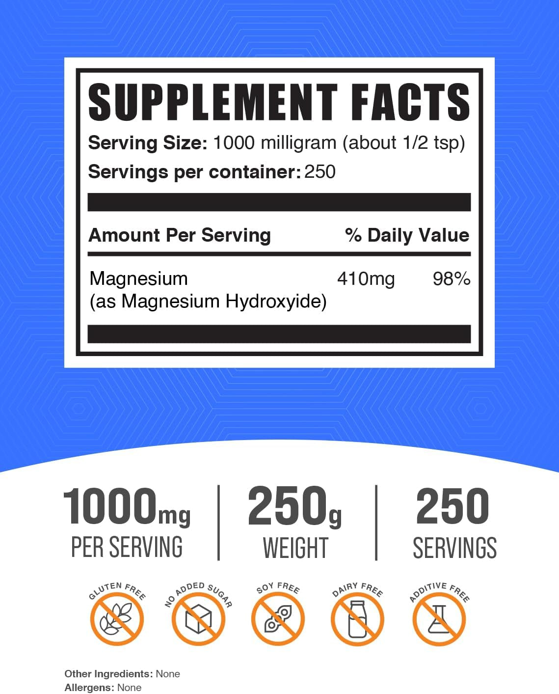 Bulksupplements.Com Magnesium Hydroxide Powder - Food Grade Magnesium Hydroxide, Magnesium Hydroxide Supplement - 1000Mg (410Mg of Magnesium) per Serving, 250G (8.8 Oz) (Pack of 1)