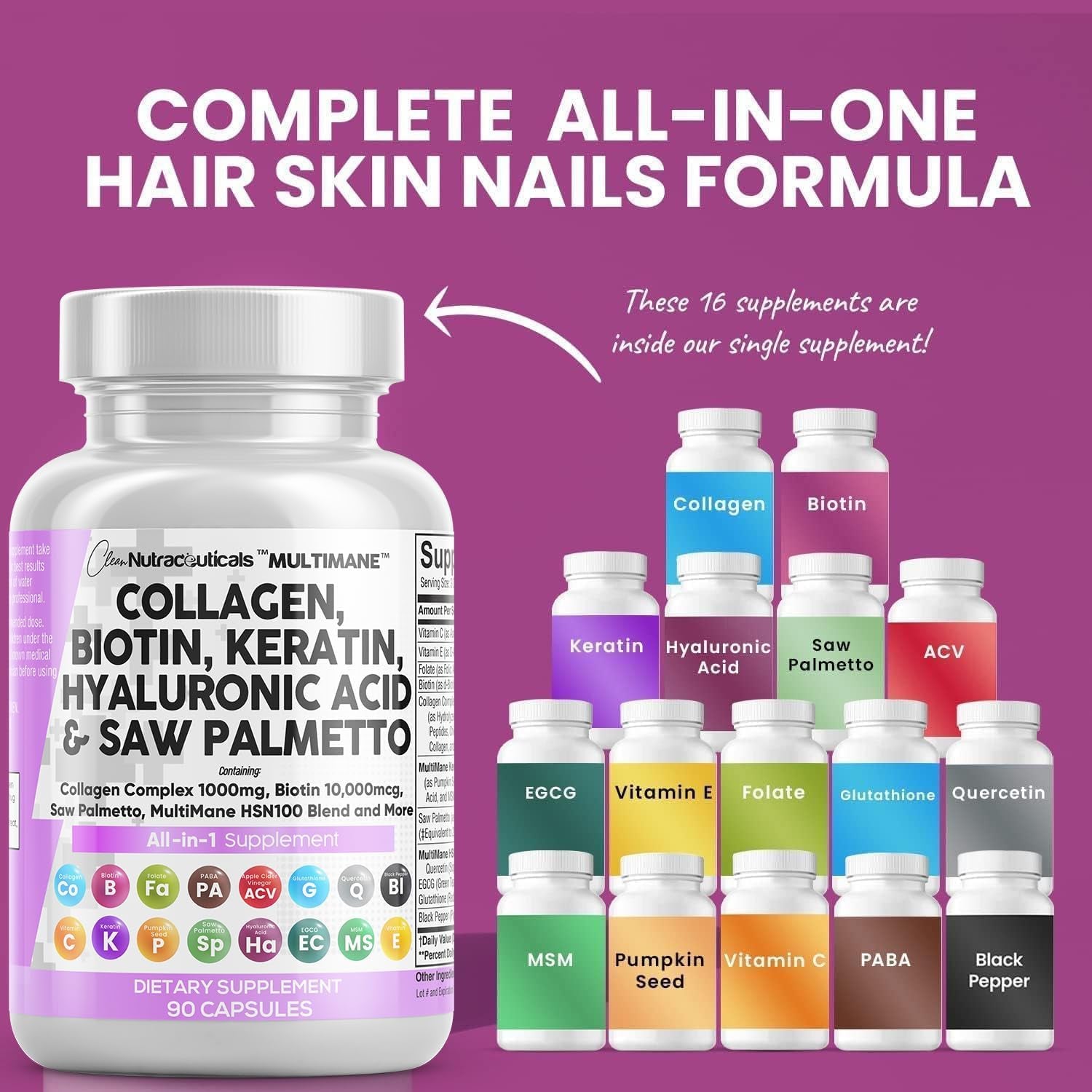 Collagen Pills 1000Mg Biotin 10000Mcg Keratin Saw Palmetto 2500Mg Hyaluronic Acid - Hair Skin and Nails Vitamins and DHT Blocker with Vitamin E Folic Acid Pumpkin Seed MSM - 90 Count