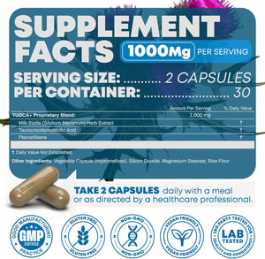 TUDCA+ 1000Mg Bile Salt Supplement for Liver Support, Detoxification, Digestive Health, Inflammation, and Skin Health - Made in the USA (60 Vegan Capsules)