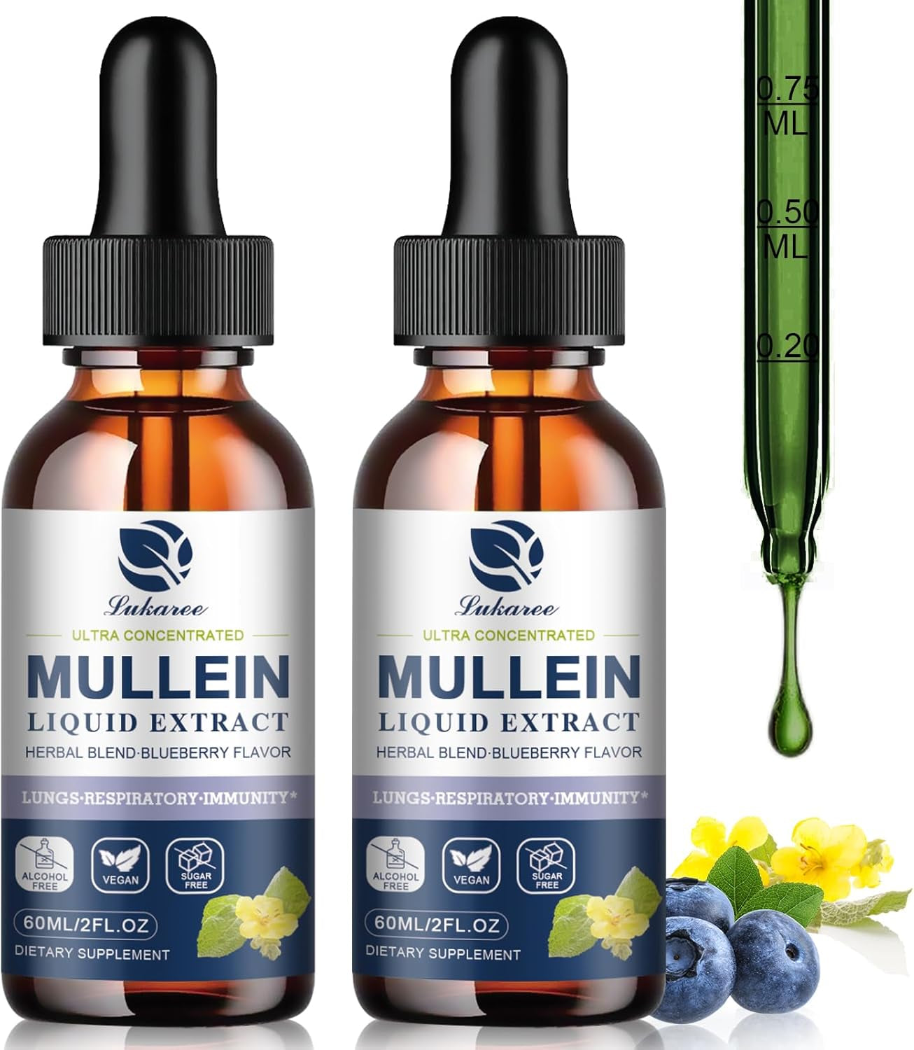 Mullein Drops for Lungs, Lung Detox & Cleanse, 720,000‬Mg Mullein Leaf Extract Tincture with Chlorophyll, Elderberry, Etc, Vegan Herbal Supplement for Immune Respiratory, Blueberry Flavor