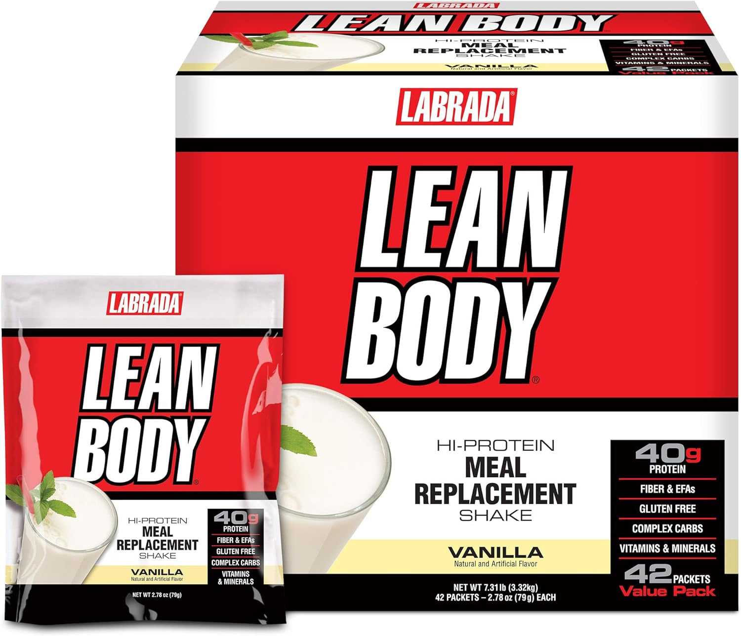 Labrada Lean Body MRP All-In-One Vanilla Meal Replacement Shake, 40G Protein, Whey Blend, 8G Healthy Fats Efa'S & Fiber, 22 Vitamins and Minerals , No Artificial Color, Gluten Free, (42 Packets) 