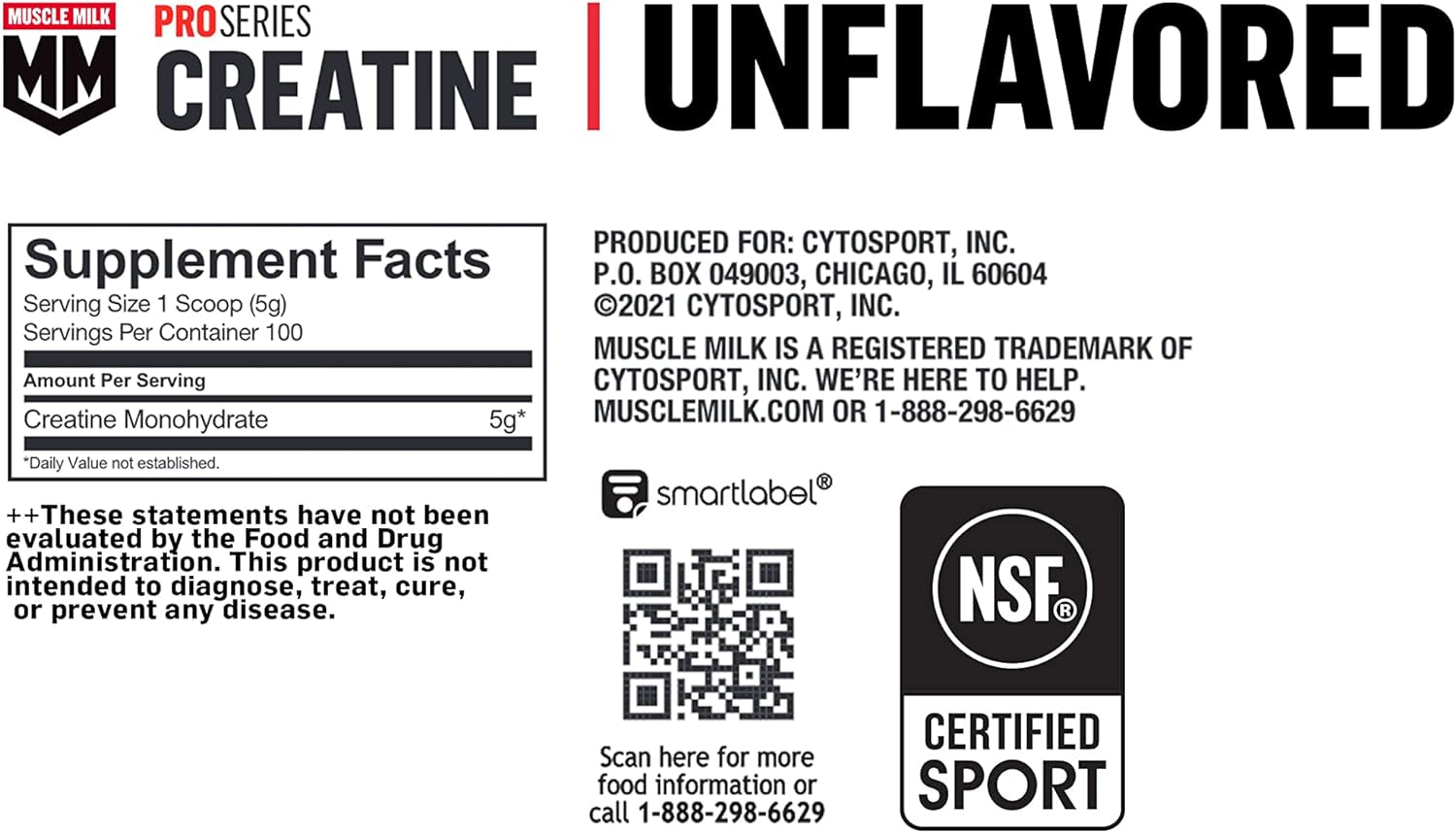 Muscle Milk Pro Series Creatine Powder Supplement, Unflavored, 1.1 Pound, 100 Servings, 5G Creatine Monohydrate, NSF Certified for Sport, Packaging May Vary