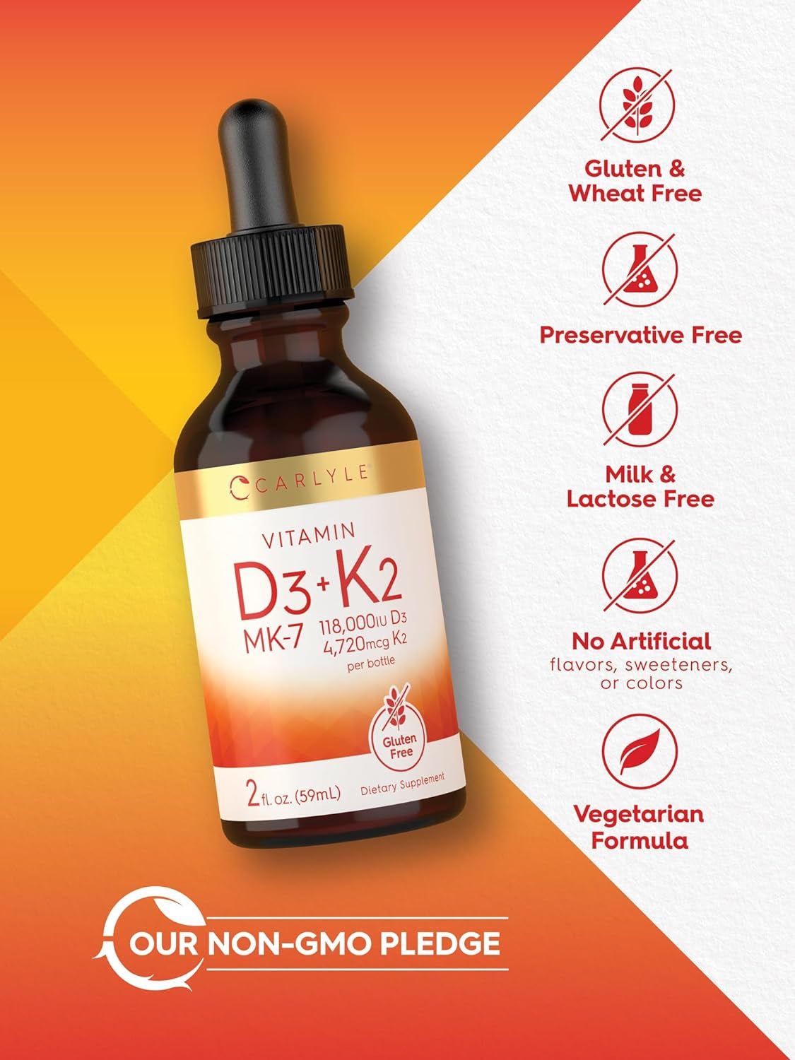 Vitamin D3 K2 Liquid | 2 Fl Oz | MK-7 Supplement | Vegetarian, Non-Gmo, Gluten Free