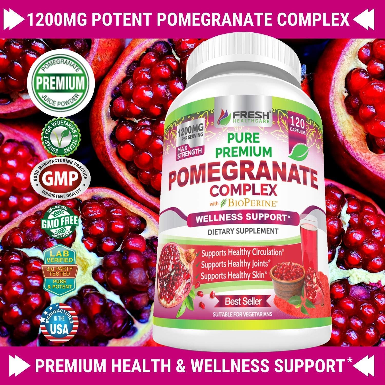 Premium Pomegranate Juice Powder Supplement 1200Mg, Supports Healthy Blood Pressure, Joints, Skin & anti Aging with Bioperine Black Pepper, Powerful Antioxidant with Vitamin C & K, 120 Vegan Capsules