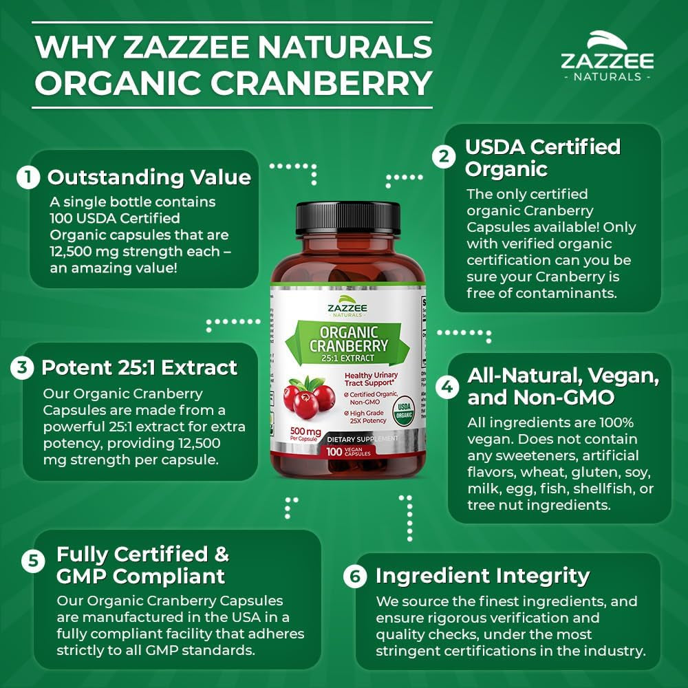 Zazzee USDA Organic Cranberry 25:1 Extract, 12,500 Mg Strength, 100 Vegan Capsules, over 3 Month Supply, Standardized, Concentrated 25X Extract, 100% Vegetarian, Certified Organic, Non-Gmo All-Natural 