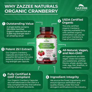 Zazzee USDA Organic Cranberry 25:1 Extract, 12,500 Mg Strength, 100 Vegan Capsules, over 3 Month Supply, Standardized, Concentrated 25X Extract, 100% Vegetarian, Certified Organic, Non-Gmo All-Natural 