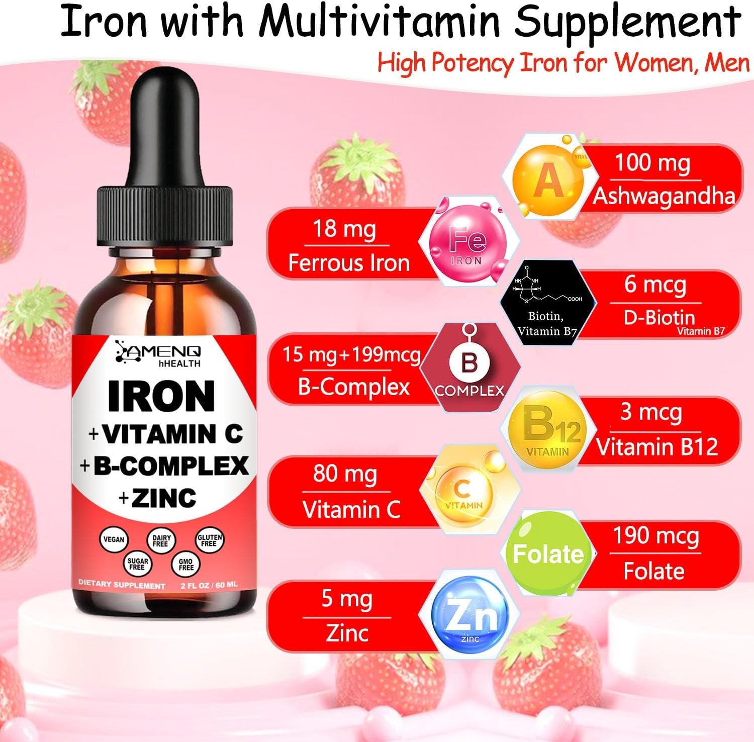Liquid Iron Supplement W/ Vitamin C, A, B-Complex, Vegan Iron Drops High Potency Liquid Vitamin & Iron Supplements for Women, Men & Children -Support Red Blood Cell, Energy, Anemia & Fatigue
