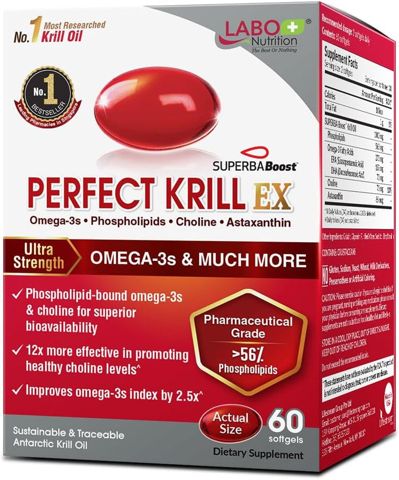 LABO Nutrition Perfect Krill EX, the Purest Ultra Strength Antarctic Krill Oil, Highest Phospholipids (>56%), with Choline & Astaxanthin, Omega 3, Joint Support, 100% Made in USA, 60 Softgel