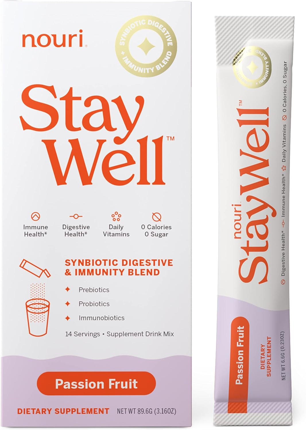 Nouri Staywell Lemonade Synbiotic Digestive + Immunity Blend, Prebiotics and Probiotics, Powder Stick Pack for Digestive and Immune Health, 0 Calories, 0 Sugar - 14-Count (Lemonade)