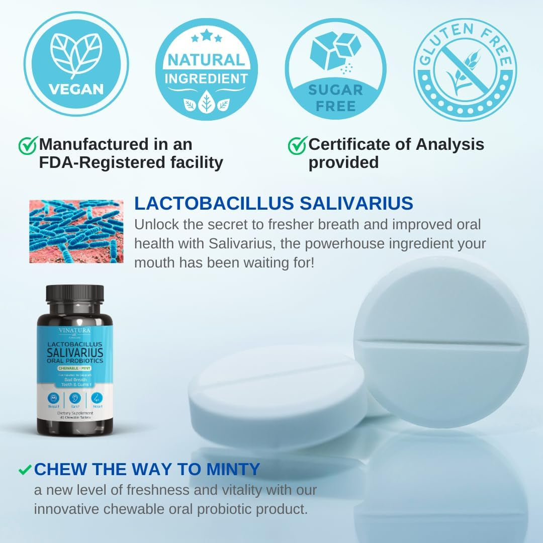 Lactobacillus Salivarius Oral Probiotics - for Mouth Bad Breath, Dental Probiotics for Teeth and Gums, Throat, Ear, Nose - 45 Chewable Mint Tablets