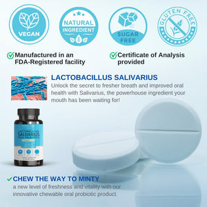 Lactobacillus Salivarius Oral Probiotics - for Mouth Bad Breath, Dental Probiotics for Teeth and Gums, Throat, Ear, Nose - 45 Chewable Mint Tablets