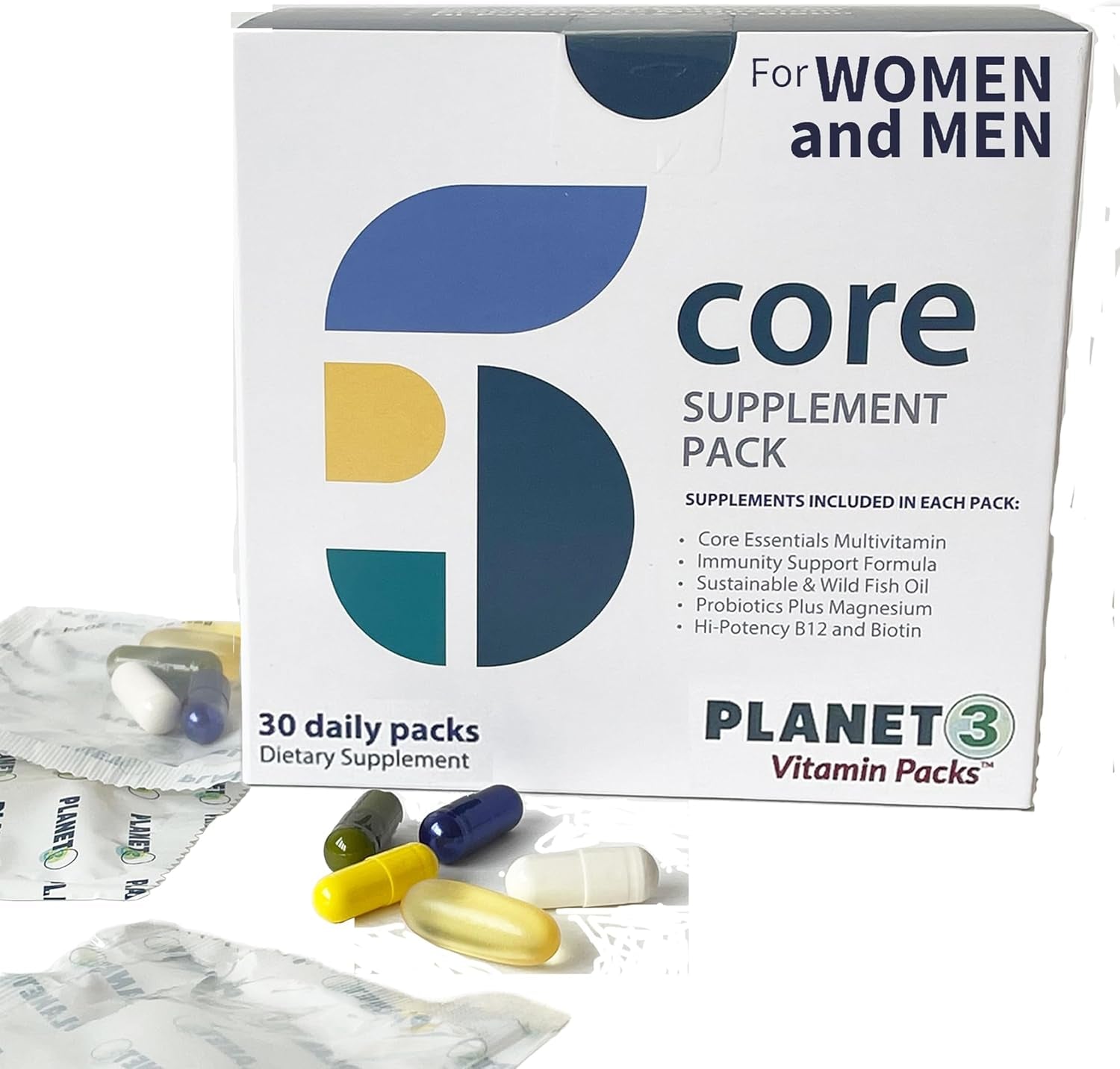Planet 3 Vitamin Packs, Energy, Immune & Heart Support with Multivitamin, Vitamin D, Probiotics, Biotin, B12, Omega 3, Lutein - Daily Vitamins for Both Men & Women, Core Supplements, 30 Daily Packs