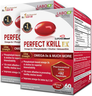 LABO Nutrition Perfect Krill EX, the Purest Ultra Strength Antarctic Krill Oil, Highest Phospholipids (>56%) with Choline & Astaxanthin, Omega 3, Heart & Joint Support, 100% Made in USA, 2X 60Softgels