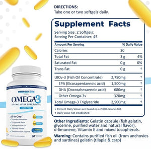 Triple Strength Grade Fish Oil 2750Mg - 1500Mg EPA - 680Mg DHA - Triglyceride Form - No Fishy Burps or Heartburn - Highest Concentration - Fish Gelatin- Citrus - 90 Servings