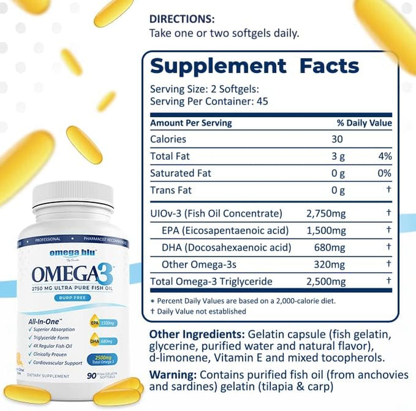Triple Strength Grade Fish Oil 2750Mg - 1500Mg EPA - 680Mg DHA - Triglyceride Form - No Fishy Burps or Heartburn - Highest Concentration - Fish Gelatin- Citrus - 90 Servings
