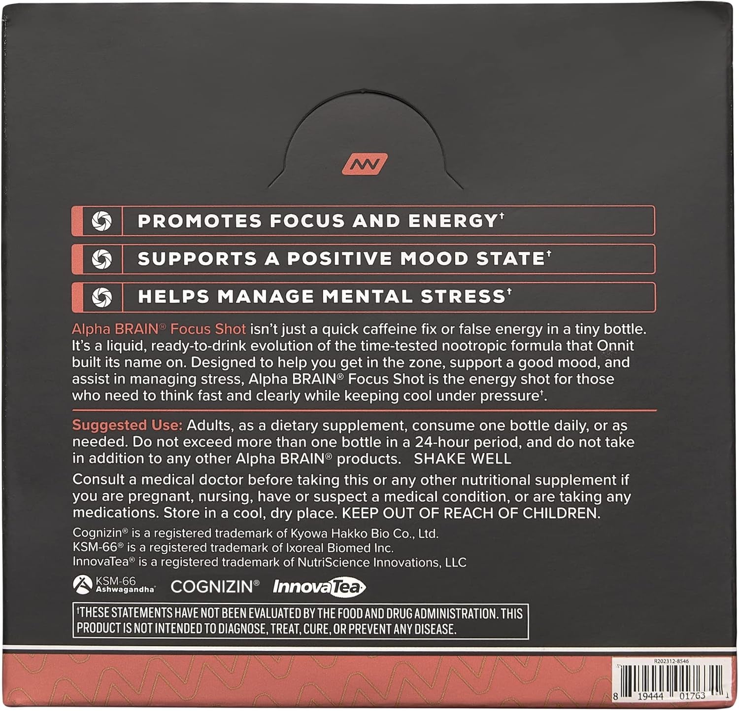 ONNIT Alpha Brain Focus Energy Shot Supplement - Energy, Focus, Mood, Stress, Brain Booster Drink - Peach (2.5 Fl Oz, 6 Ct)