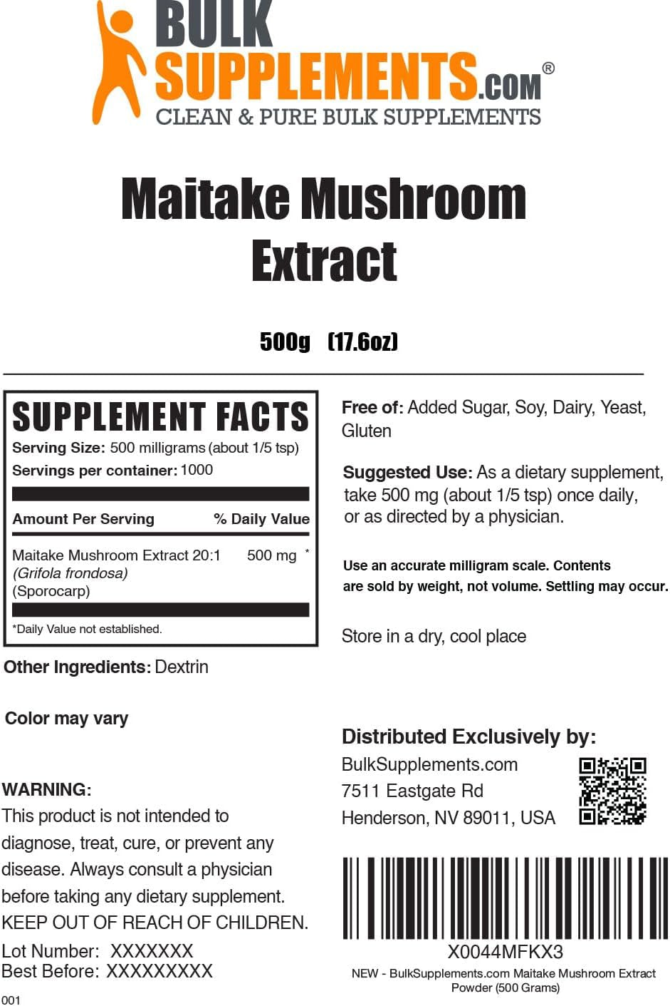 Bulksupplements.Com Maitake Mushroom Extract Powder - Mushroom Supplement, Maitake Supplement - Gluten Free, 500Mg per Serving, 1Kg (2.2 Lbs) (Pack of 1)