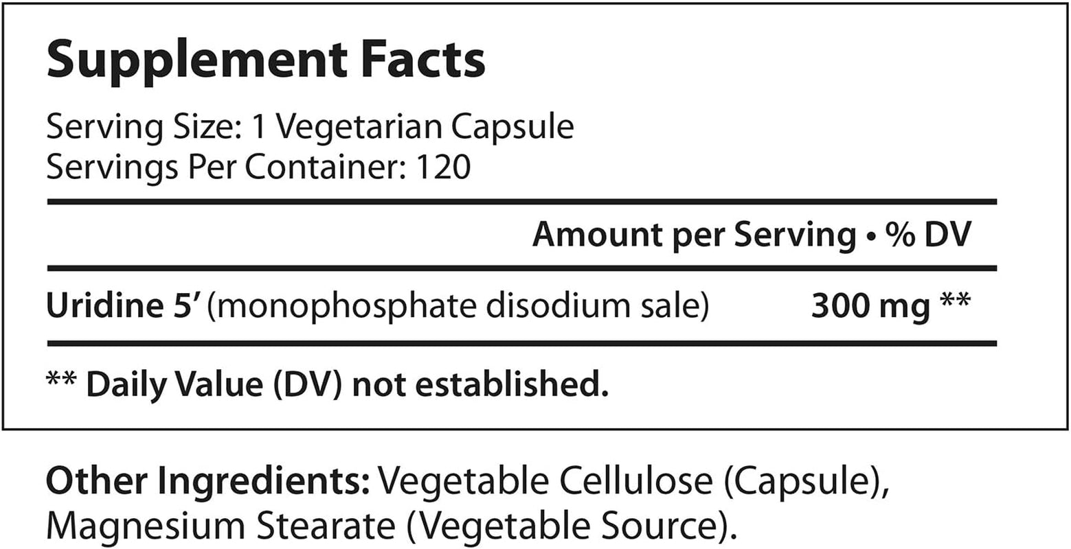 Uridine Monophosphate 300Mg - 120 Veg Caps | Made in USA | Choline Enhancer for Brain & Memory | Supports Synapses Growth 