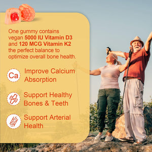 NEVISS D3 5000IU K2 Gummies + Marine Algae Calcium Gummies Bundle 