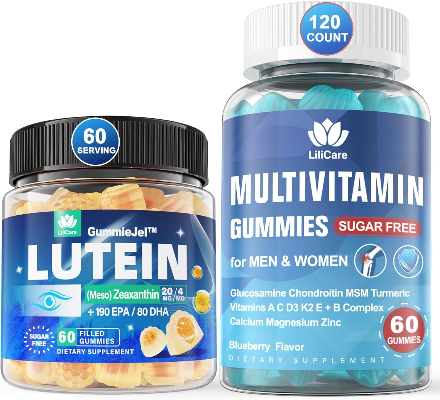 Sugar Free Lutein 20Mg Zeaxanthin Eye Vitamins Filled Gummies with EPA 190Mg & DHA 80Mg + 2 PACK Multivitamin Gummies with Glucosamine Chondroitin MSM for Flexibility & Immune Support, for Men & Women