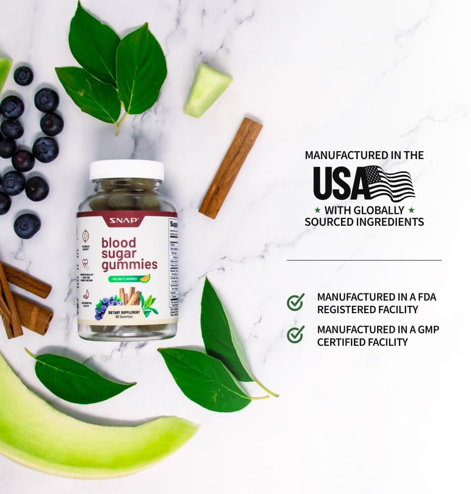 Snap Supplements Blood Sugar Gummies, Support Already Healthy Blood Sugar Levels, Cinnamon Bark and Blueberry Fruit Extract, Natural Melon Flavor, 60 Gummies