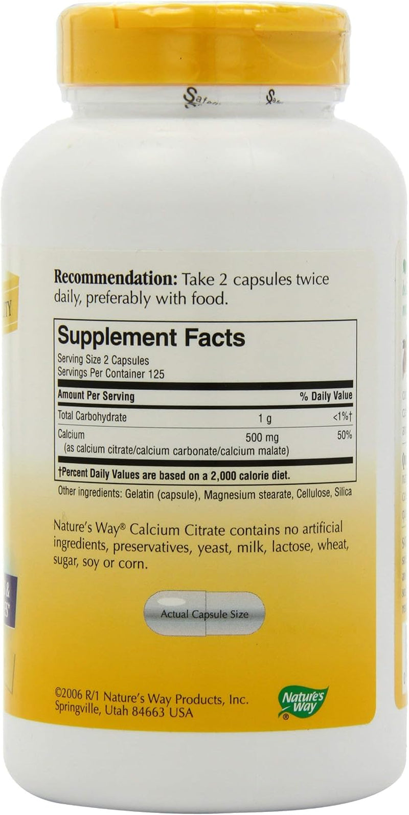 Nature'S Way Calcium Citrate - 500 Mg Calcium per 2-Capsule Serving - for Bone Health & Muscle Function* - Blend of Citrate, Carbonate & Malate - Gluten Free - 250 Capsules (2 Pack)