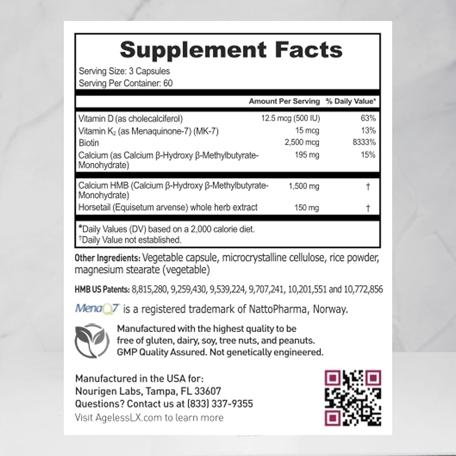 HMB Collagen Enhancer plus Vitamin D3, K2, Biotin, Calcium, and Horsetail, for Lean Sculpted Muscles, Tighter, Glowing Skin & Thicker, Stronger Hair and Nails, 60 Servings