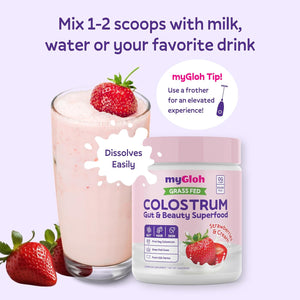 Colostrum Powder Premium | Gut Health & Bloating, Hair Growth & Skin Glow, Immunity | Natural Flavor Strawberries & Cream | Grass-Fed Bovine Colostrum Supplement | High Igg, Gluten Free, Bioactives