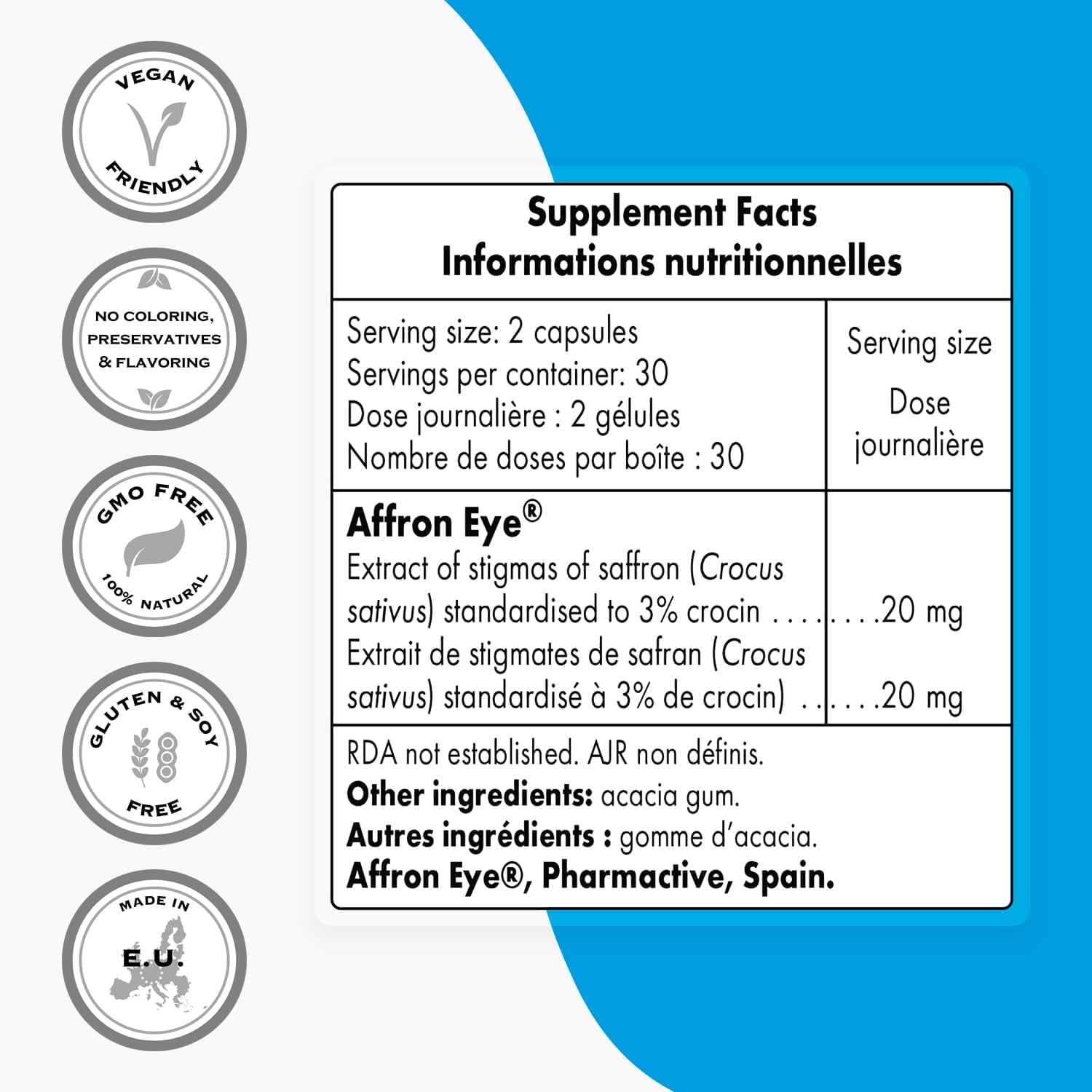 '- Affron Eye 20Mg per Day - Saffron Supplement 3% Crocin - Saffron Stigma Extract (Crocus Sativus) - Eye Vitamins - Macular Support | Non-Gmo & Gluten Free - 60 Vegetarian Capsules