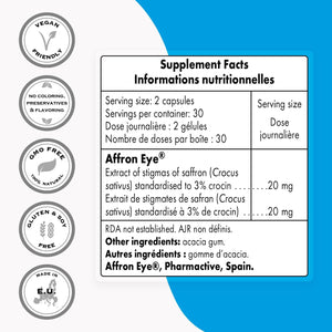 '- Affron Eye 20Mg per Day - Saffron Supplement 3% Crocin - Saffron Stigma Extract (Crocus Sativus) - Eye Vitamins - Macular Support | Non-Gmo & Gluten Free - 60 Vegetarian Capsules
