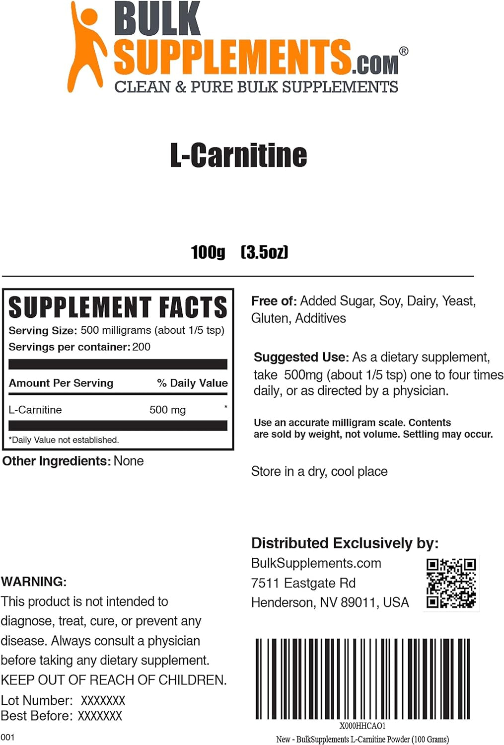 Bulksupplements.Com L-Carnitine Powder - Carnitine Supplement, L Carnitine 1000Mg, Carnitine Powder - Amino Acids Supplement, Energy Support - Gluten Free, 1G per Serving, 1Kg (2.2 Lbs)