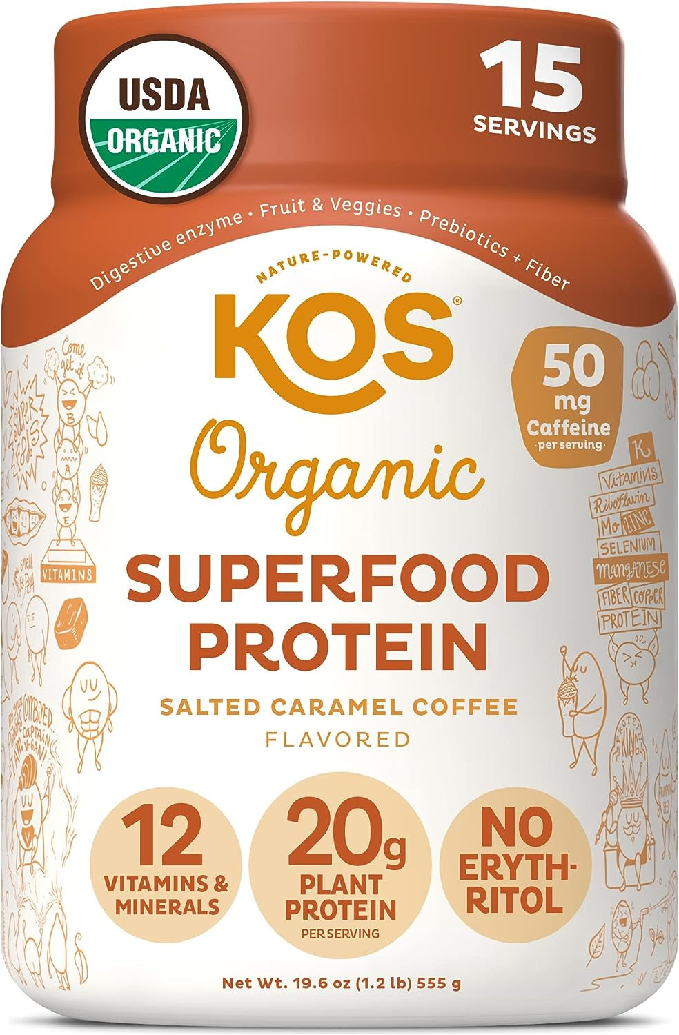 KOS Vegan Protein Powder, Salted Caramel Coffee - Low Carb Pea Protein Blend, Organic Plant Superfood Rich in Vitamins & Minerals - Keto, Dairy Free - Meal Replacement for Women & Men - 15 Servings