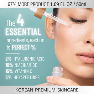 OMI Natural- Korean Premium Serum. 2% Hyaluronic Acid, 10% Niacinamide, 15% Vitamin C, 5% Hexapeptides. anti Aging, Hydrating, anti Wrinkle, Antioxidant, Dark Spot Reducer for Face. 1.69 Fl Oz/ 50Ml