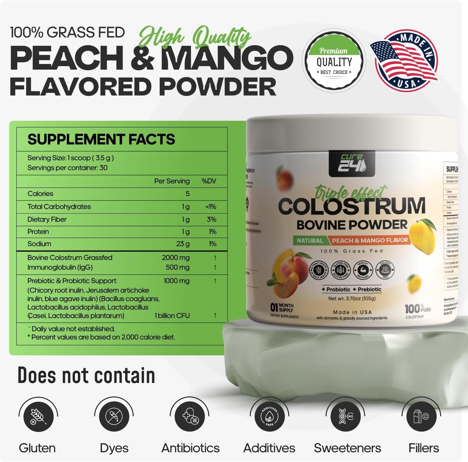 Bovine Colostrum X3 Supplement Powder for Humans, 100% Pure Whole Natural Grass Fed Superfood, High Igg, plus Probiotic & Prebiotic, Natural Peach-Mango Flavor, Made in USA