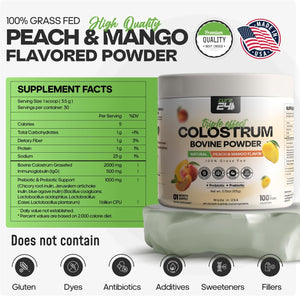 Bovine Colostrum X3 Supplement Powder for Humans, 100% Pure Whole Natural Grass Fed Superfood, High Igg, plus Probiotic & Prebiotic, Natural Peach-Mango Flavor, Made in USA