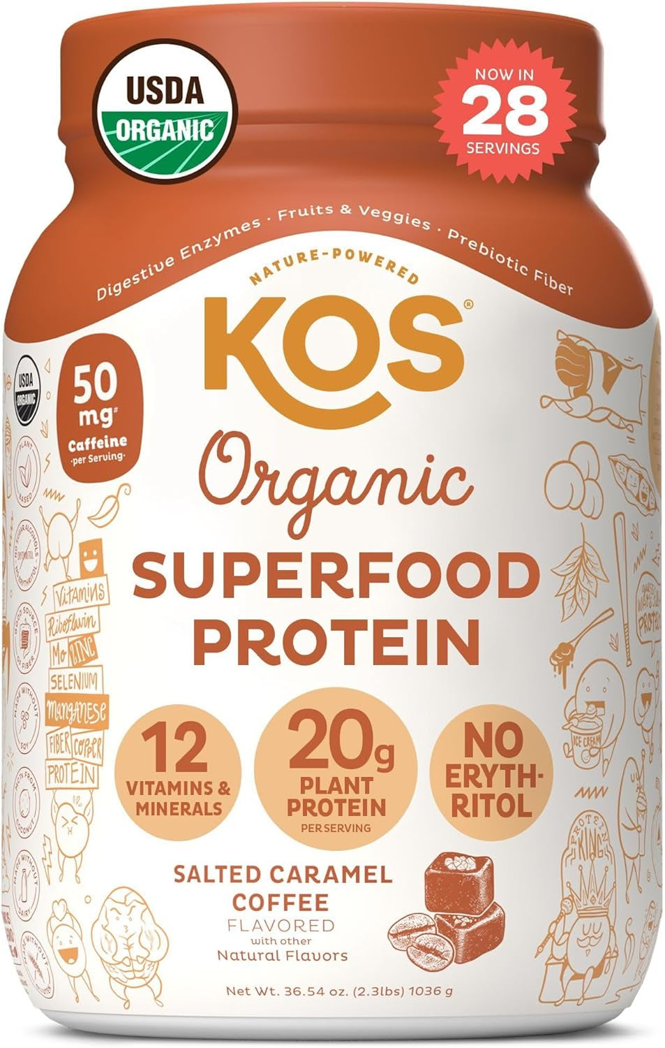 KOS Organic Vegan Protein Powder with 50Mg Caffeine, Salted Caramel Coffee - Pea Protein Blend, Plant Based Superfood Rich in Vitamins & Minerals - Meal Replacement for Women & Men, 28 Servings 