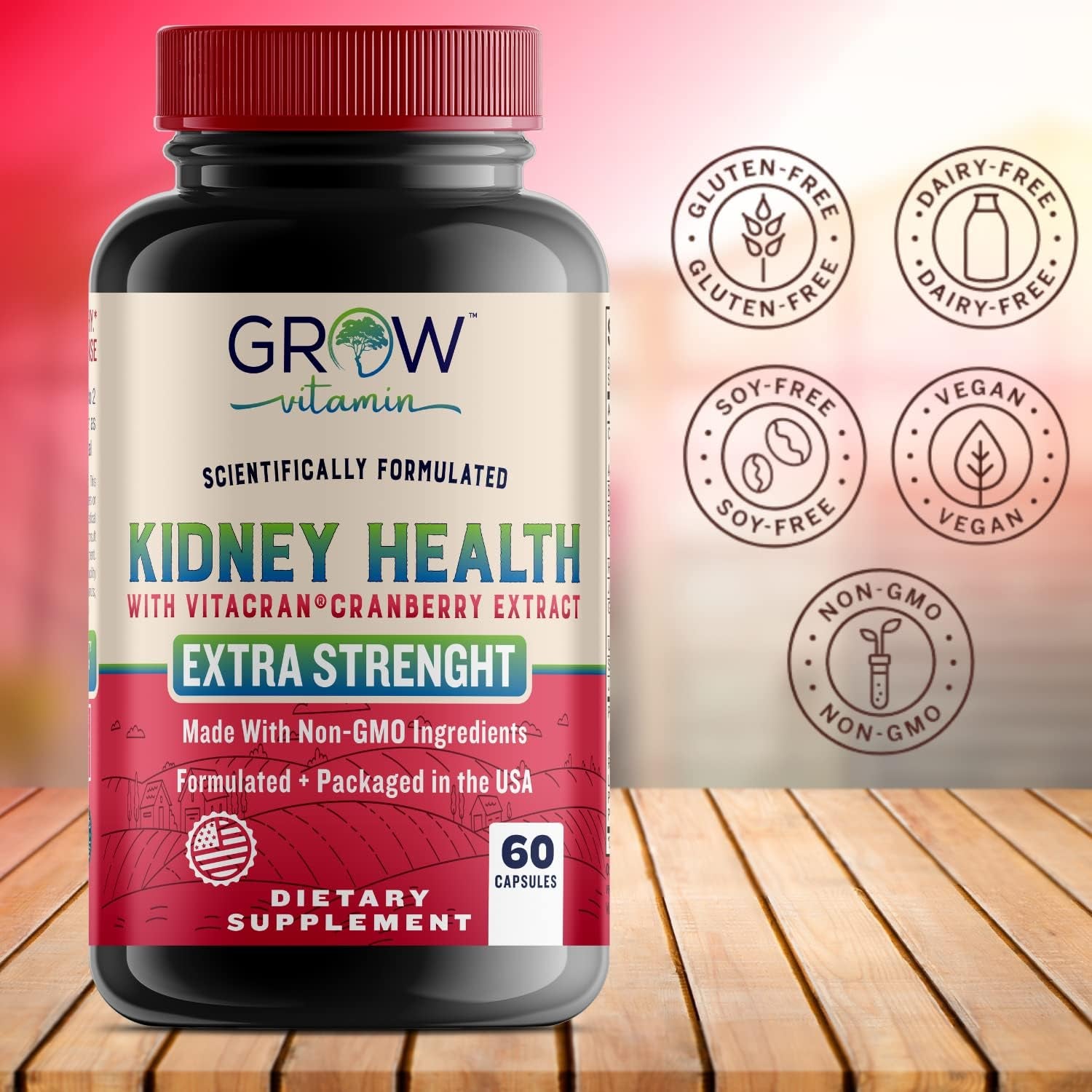 Grow Vitamin Premium Kidney Cleanse Supplement – Powerful Kidney Support Formula with Cranberry Extract Helps Support Healthy Kidneys & Urinary Tract Support– 60 Vegetarian Capsules