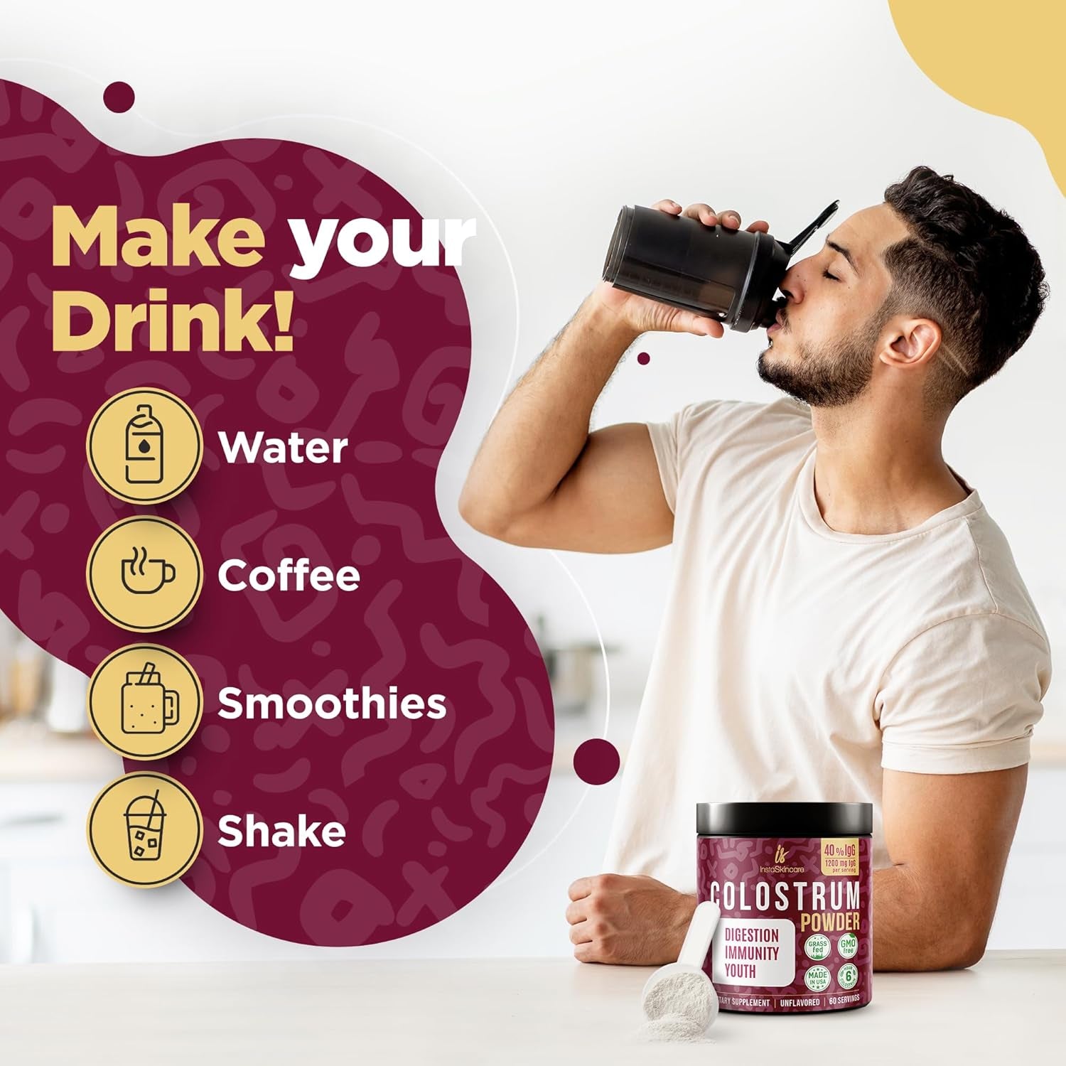 Instaskincare Collagen Peptides Powder 1 Lb - Bovine Colostrum Powder 40% Igg 3.17 OZ 