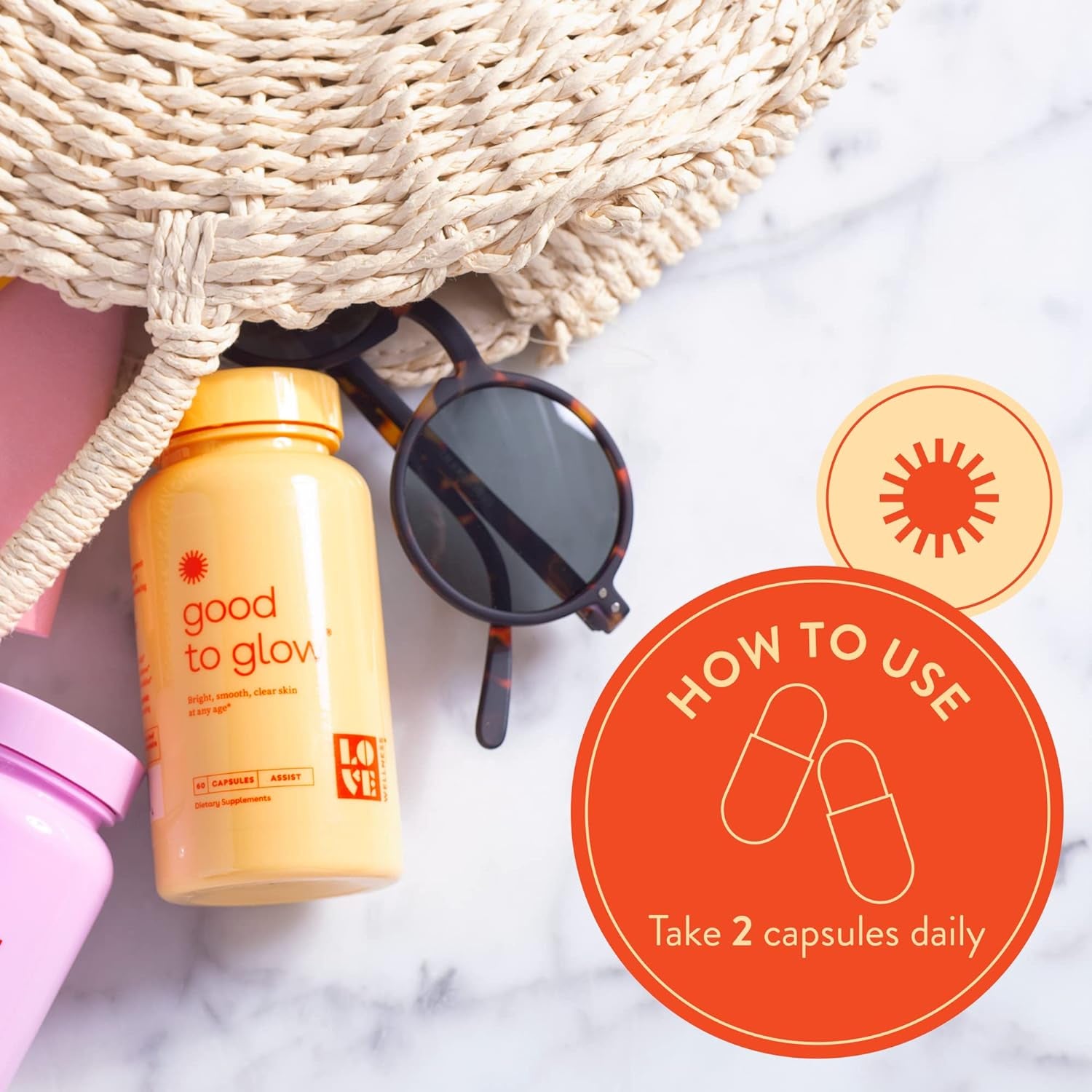 Love Wellness Good to Glow Collagen Supplement | Skin Care with Biotin, Vitamin C, E, & Zinc | Promotes Smooth, Glowing & Clear Skin | Enhances Smoothness, Reduces Wrinkles & Fine Lines | 60 Capsules 