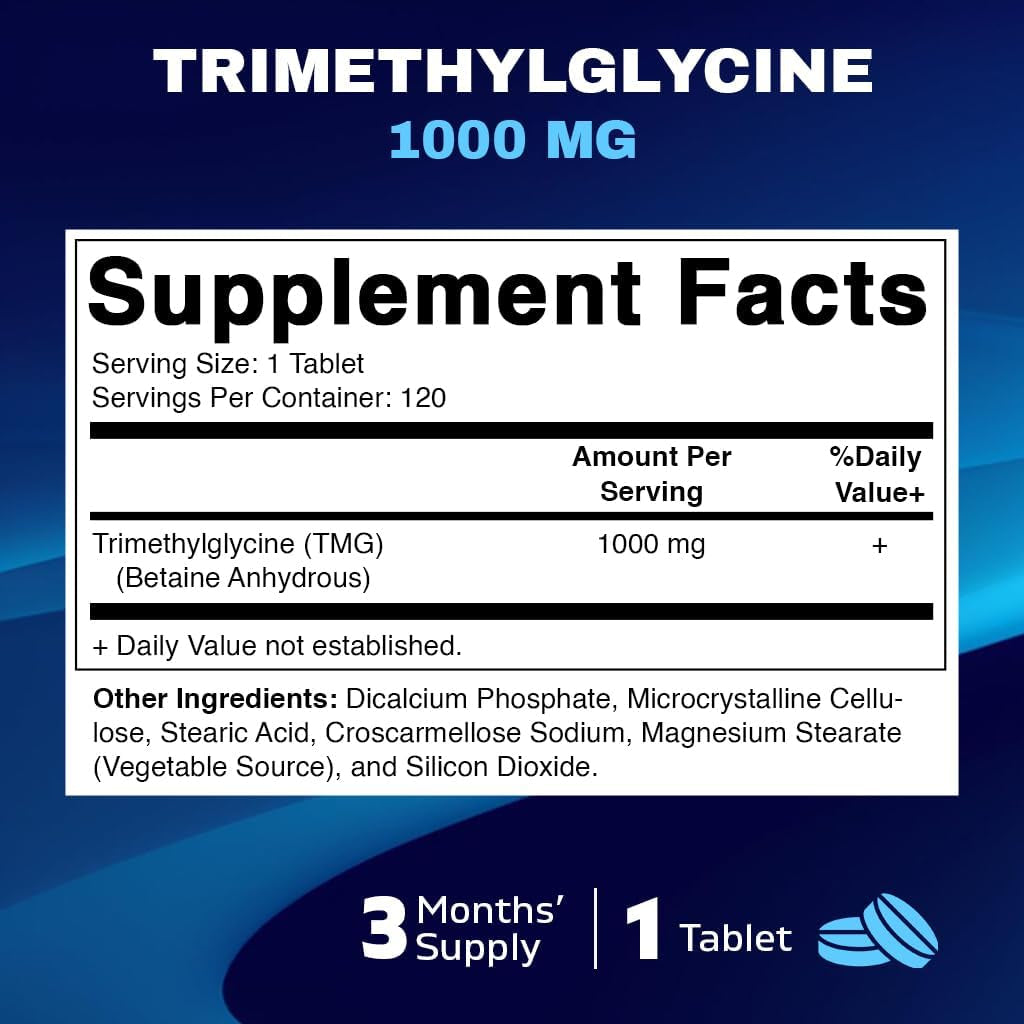 Vitamatic TMG Supplements 1000Mg - Trimethylglycine - Betaine Anhydrous - 120 Tablets - 120 Servings - Non-Gmo & Gluten Free 1 Bottle
