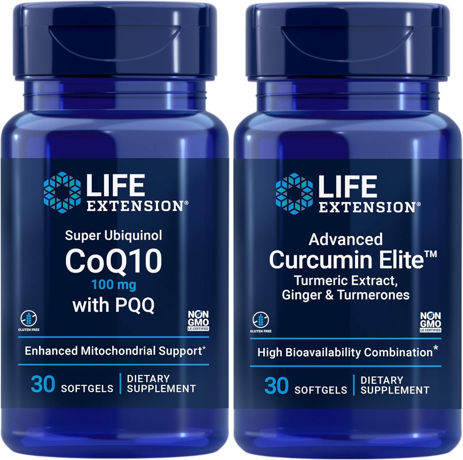 Life Extension Super Ubiquinol Coq10 with PQQ, 100 Mg | Advanced Curcumin Elite Turmeric Extract, Ginger & Turmerones | Heart & Brain Health, Support 