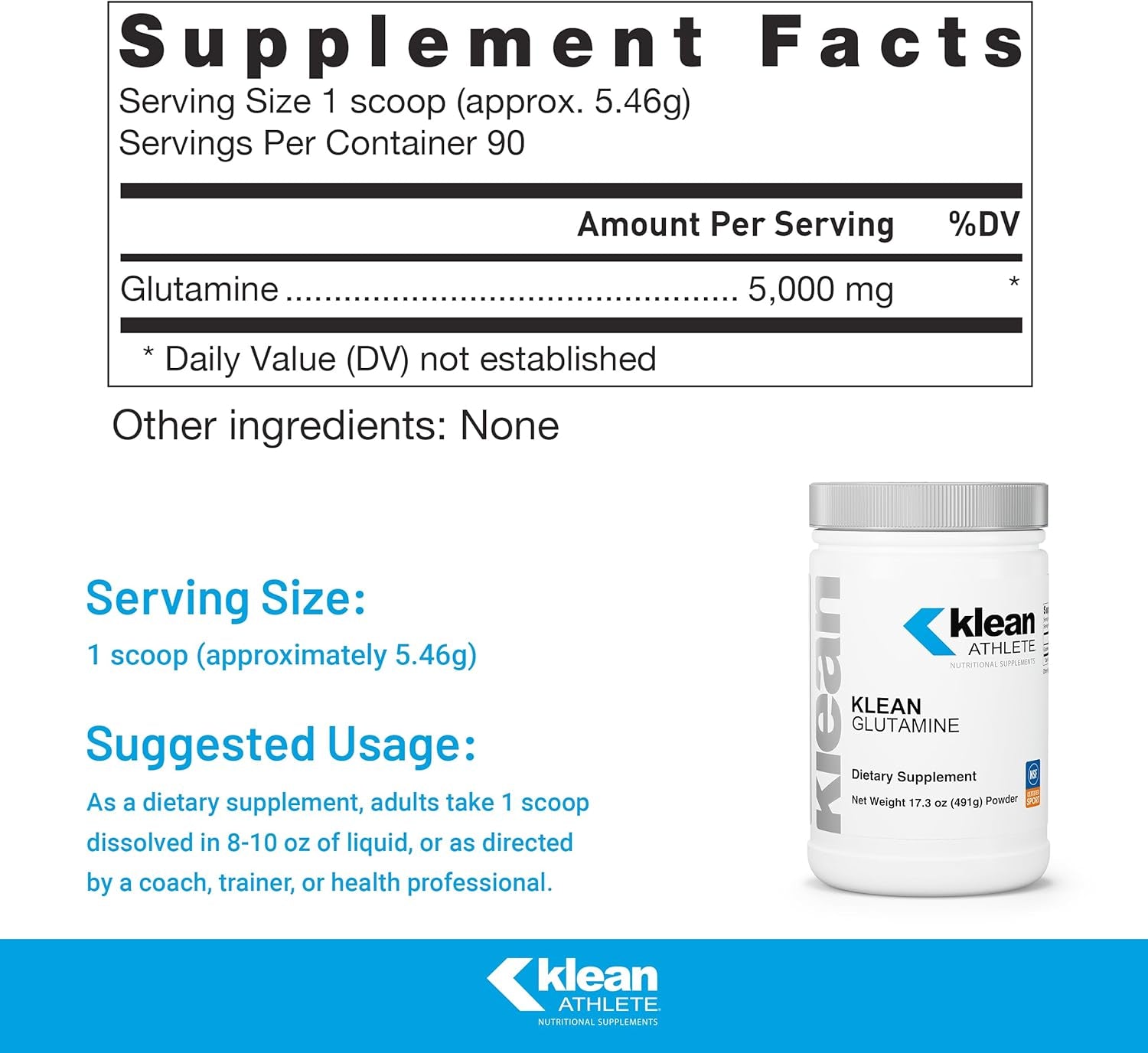 Klean ATHLETE Klean Glutamine - Immunity Support & Gut Health* - Amino Acids Supplement - NSF Certified for Sport - Non-Gmo, Gluten Free & Vegan - 17.3 Oz 