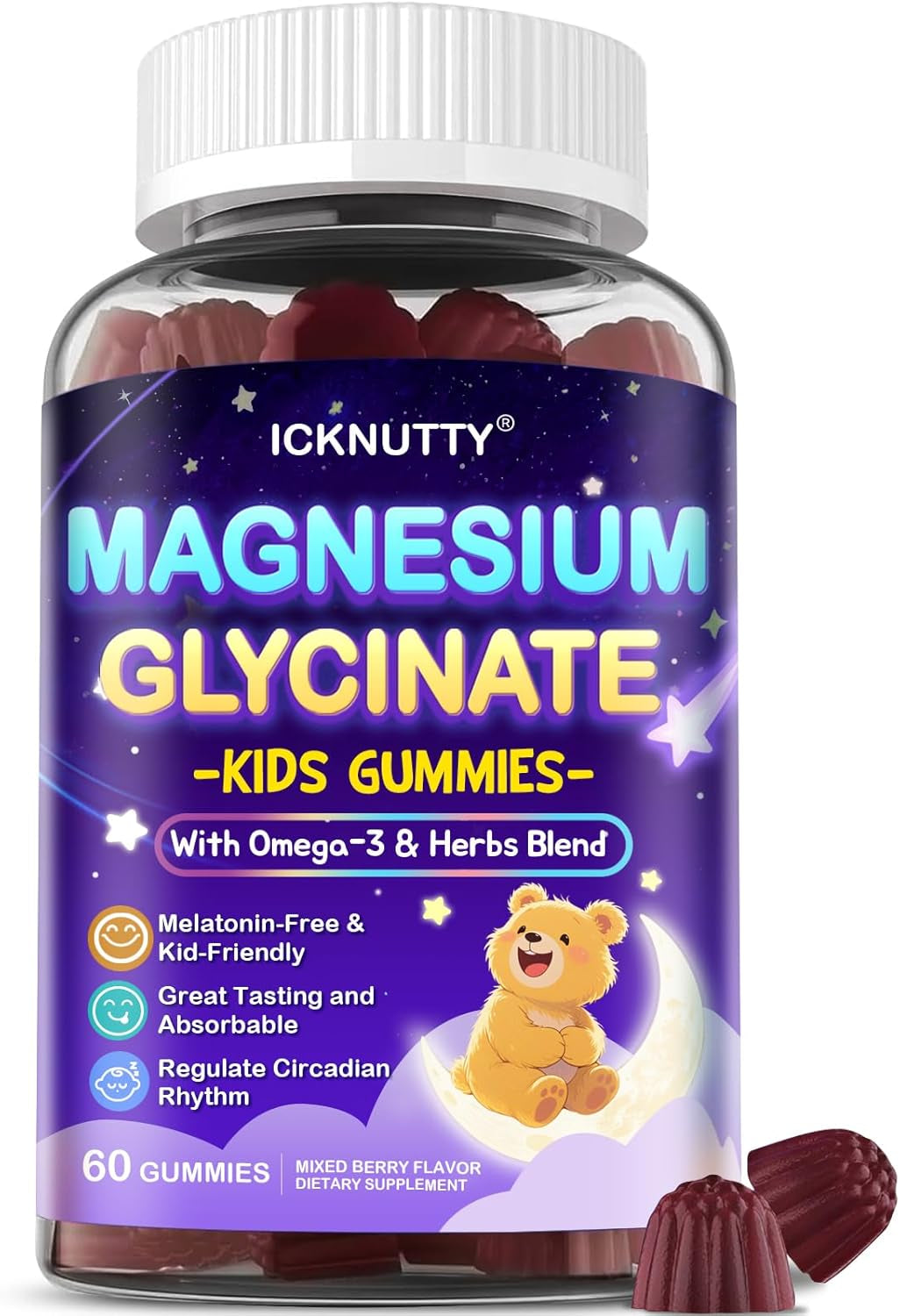 Magnesium Glycinate Gummies for Kids - with L-Theanine, Vitamin B6, D3 for Kids Natural Zzz - Melatonin Free Gummies - Sugar Free, Mixed Berry Flavor 