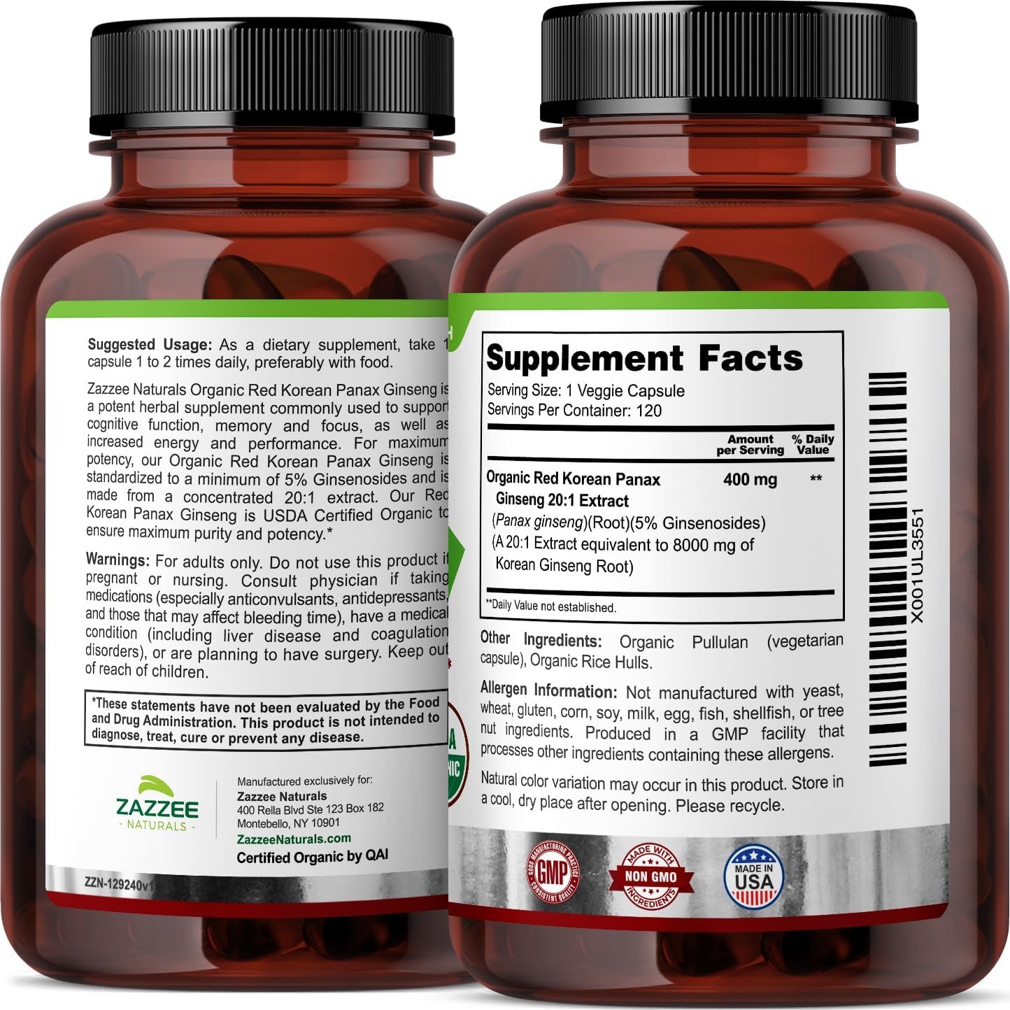 Zazzee USDA Organic Red Korean Panax Ginseng 20:1 Extract, 8000 Mg Strength, 5% Ginsenosides, 120 Vegan Capsules, Standardized and Concentrated 20X Root Extract, 100% Vegetarian, All-Natural, Non-Gmo 