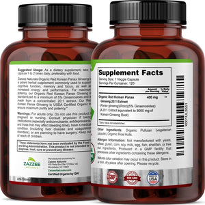 Zazzee USDA Organic Red Korean Panax Ginseng 20:1 Extract, 8000 Mg Strength, 5% Ginsenosides, 120 Vegan Capsules, Standardized and Concentrated 20X Root Extract, 100% Vegetarian, All-Natural, Non-Gmo 