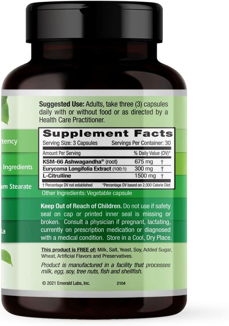 EMERALD LABS Testosterone Health - Men'S Supplement with Eurycoma Longifolia, L-Citrulline & KSM-66 Ashwagandha to Support Circulation & Men'S Health - 90 Vegetable Capsules (30-Day Supply) 