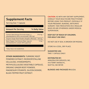 Amazon Elements Turmeric Complex, 316 Mg Curcumin, 140 Mg Ginger, 5 Mg Black Pepper - Joint & Immune System, Healthy Inflammation Response - 65 Capsules (2 Month Supply)